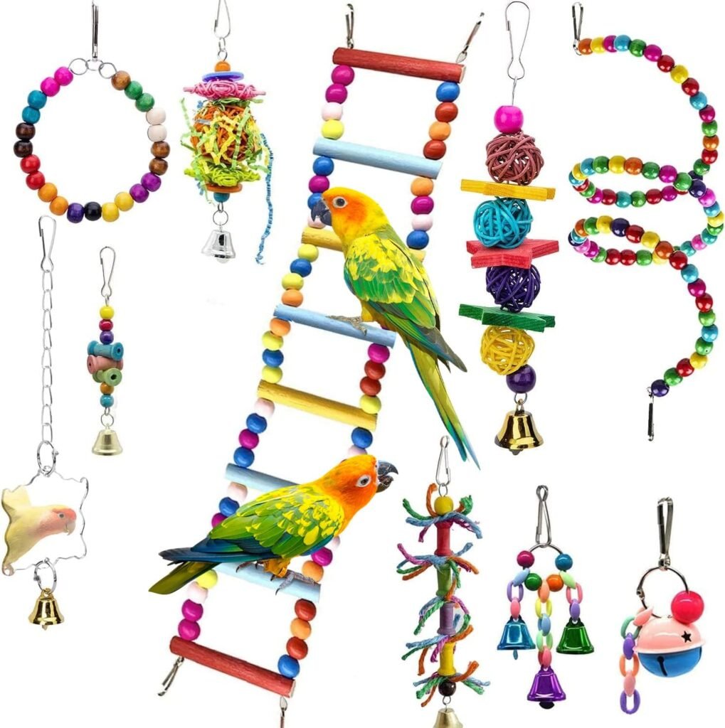 EBaokuup 10 Packs Bird Swing Chewing Toys- Parrot Hammock Bell Toys Parrot Cage Toy Bird Perch with Wood Beads Hanging for Small Parakeets, Cockatiels, Conures, Finches,Budgie,Parrots, Love Birds