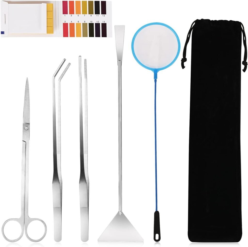 HOTOOLME Aquarium Aquascape Tools Kit, 6 in 1 Long Stainless Steel Aquatic Plant Sliver Tweezers Scissors Scrapers Set for Fish Tank Aquariums Tank Clean, Aquascaping Tools with PH Paper Fish Net Bag