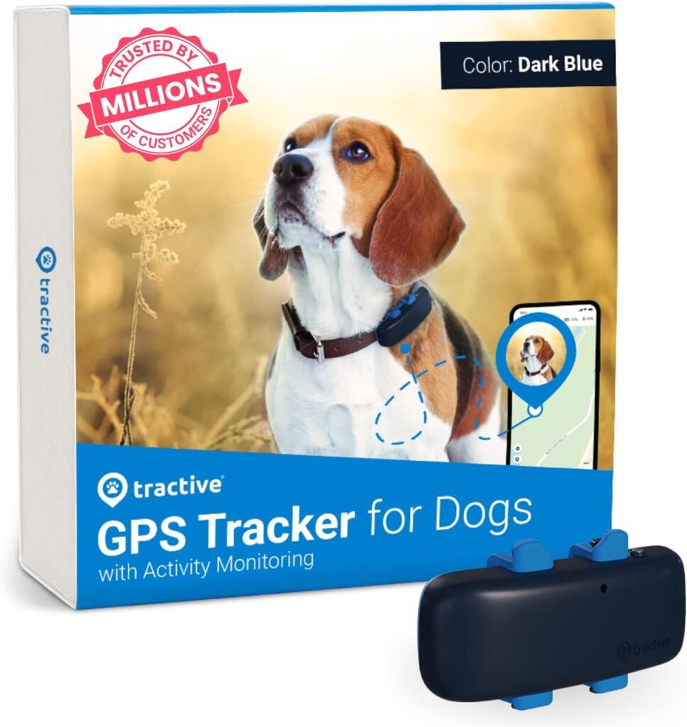 Tractive GPS Tracker  Health Monitoring for Dogs - Market Leading Pet GPS Location Tracker, Wellness  Escape Alerts, Waterproof, Works with Any Collar (Dark Blue)