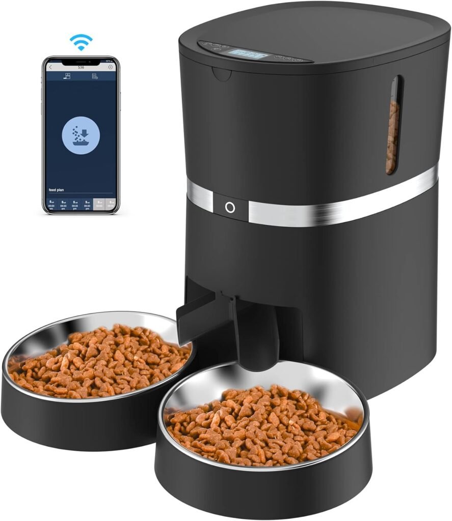 Smart Cat Feeder, WellToBe Automatic Cat Feeder WiFi Enable Pet Dog Food Dispenser App Control for CatDog with Two-Way Splitter and Two Bowls, Voice Recorder Distribution Alarms, Portion Control