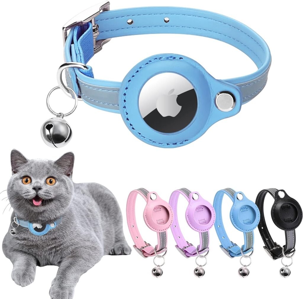 WAPSAT Airtag Cat Collar, Cat Collar with Bells, Reflective GPS Cat Collar, Anti-Lost Cat Tracker Collar Adjustable Leather Cat Collar for Boy Girl Cats or Small Dogs, Kittens and Puppies (S, Blue)