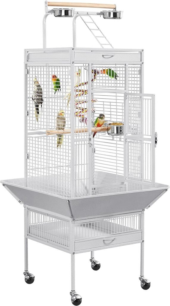 Yaheetech Wrought Iron Bird Cages, Play Top Large Aviary with Stand for Cockatiel Parrot Sun Parakeet Conures Lovebird Budgie Finch African Grey White, 61-inch