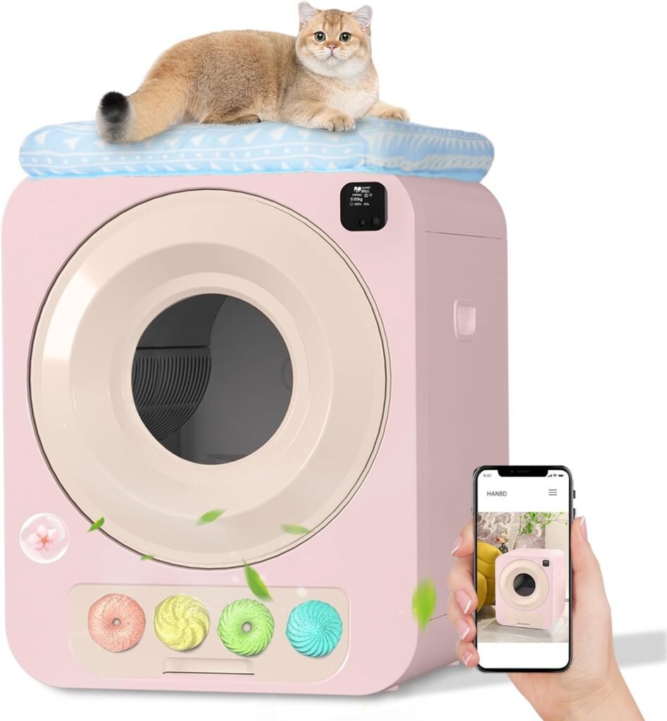 Self Cleaning Cat Litter Box, Automatic Cat Litter Box, No Scooping Odor Removal Health Monitoring Quiet Extra Large Space for Cats Pink