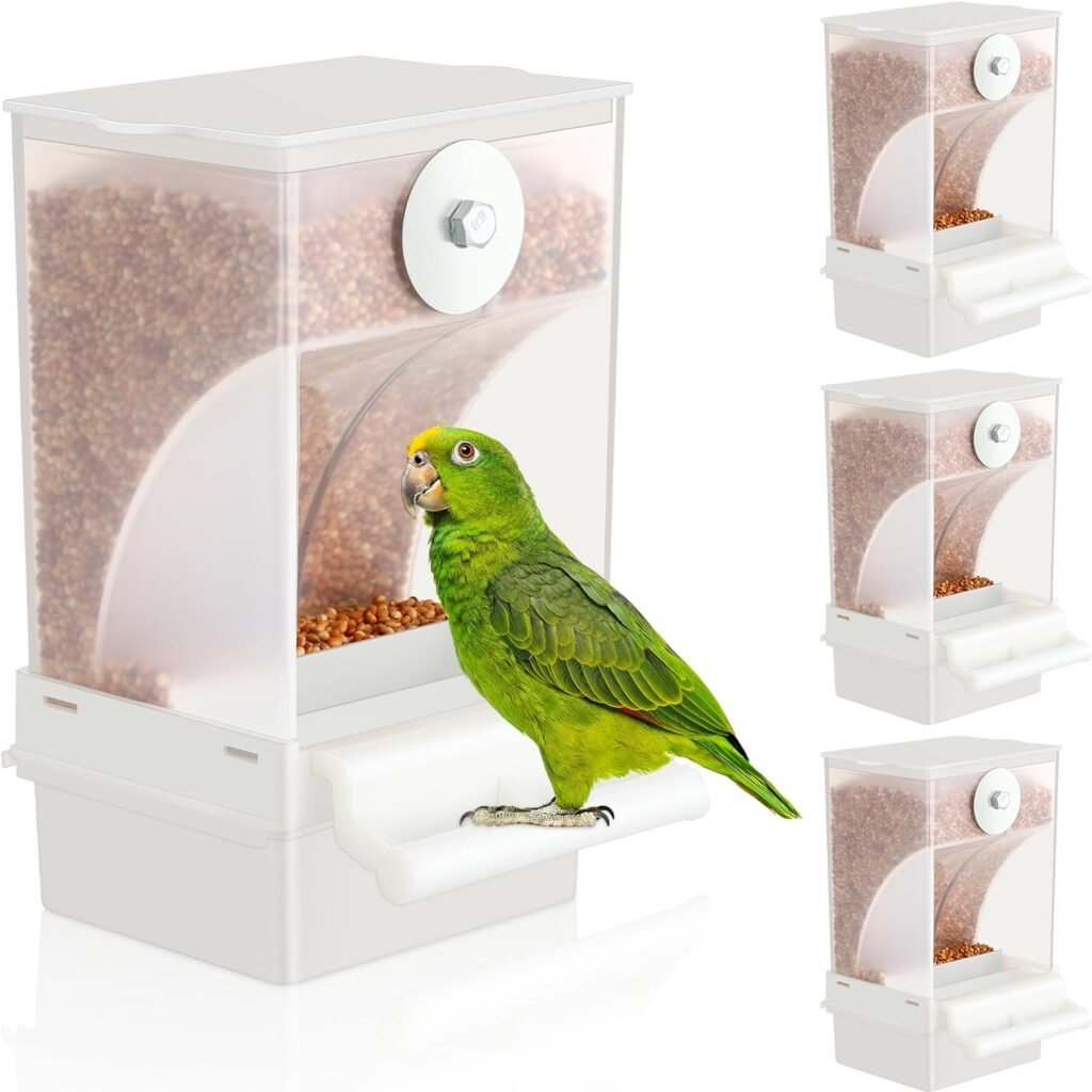 4 Pcs No Mess Bird Feeders Automatic Parrot Water Dispenser Clear Bird Seed Container Parakeet Cage Accessories for Small and Medium Birds Parrot Cockatiel Canary (Clear,Seed Feeder)