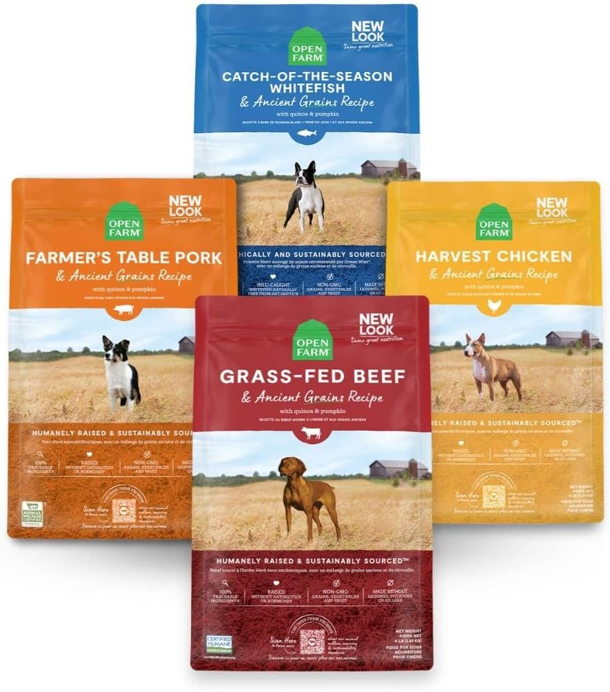 Open Farm Ancient Grain Dry Dog Food Bundle with Catch-of-The-Season Whitefish, Farmers Table Pork, Grass-Fed Beef and Harvest Chicken, 4 Pack