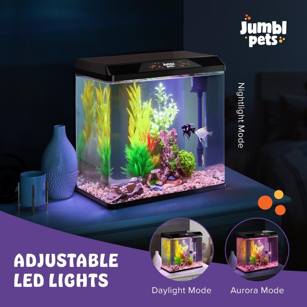 Starter Fish Aquarium Kit, 5 Gallon, Complete Beginner Glass Fish Tanks Set with LED Lighting, Internal Filtration System, Filter Media Set, Hood  Lid, Ideal for Freshwater and Marine Fish