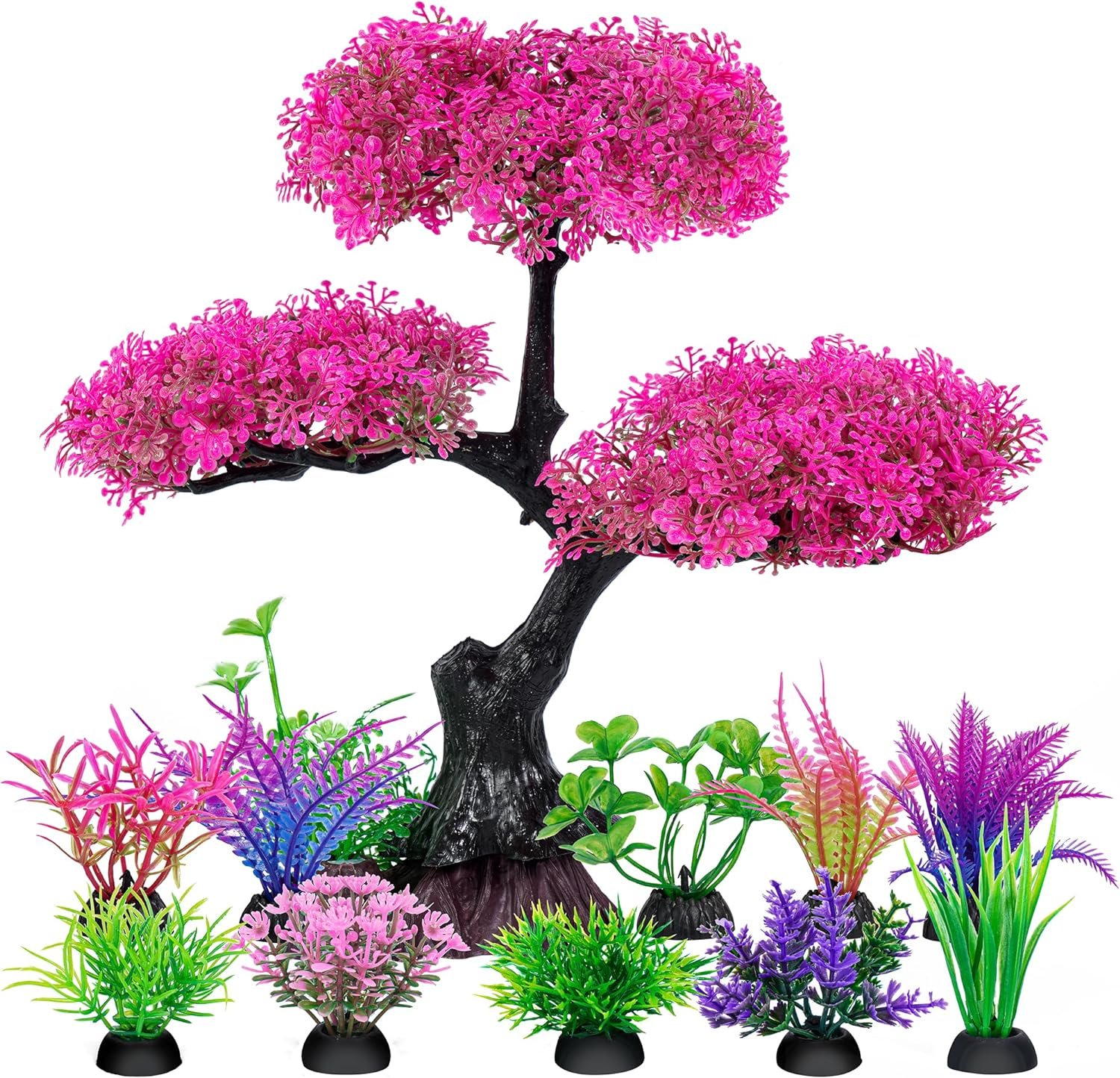 Ameliade Aquarium Artificial Plastic Plants Decoration, Pink Cherry Blossom Tree  Grass Aquarium Decor Set, Goldfish Betta Fish Tank Decorations Hides Accessories（Pink