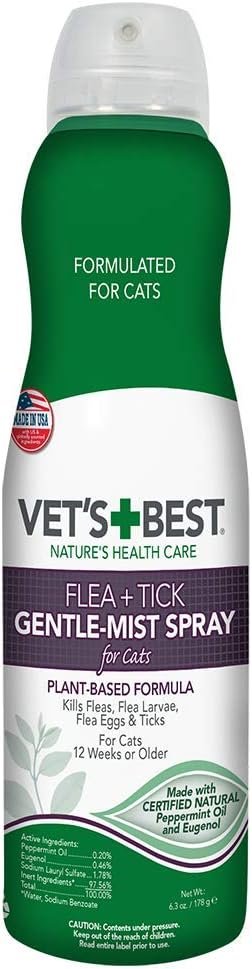 Vets Best Flea and Tick Gentle-Mist Spray for Cats - Flea Treatment for Cats - Plant-Based Formula - Certified Natural Oils - Easy Application and Control - 6.3 oz