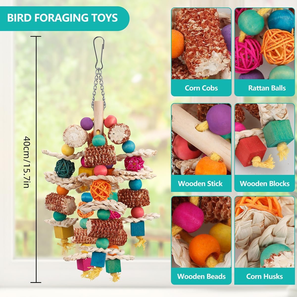 lovyoCoCo Parrot Toys Bird Toys Natural Corn Cob Bird chew Toys for Small and Medium-Sized Macaws,African Grey,Cockatoos,Amazon Parrots,Parakeet,Cockatiel,Sun Conure, Lovebird with Wooden Blocks