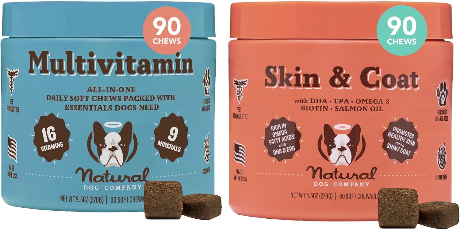 Natural Dog Company Wellness Bundle for Dogs, Multivitamins for Dogs, for Puppies  Seniors, Skin  Coat Supplements for Dogs