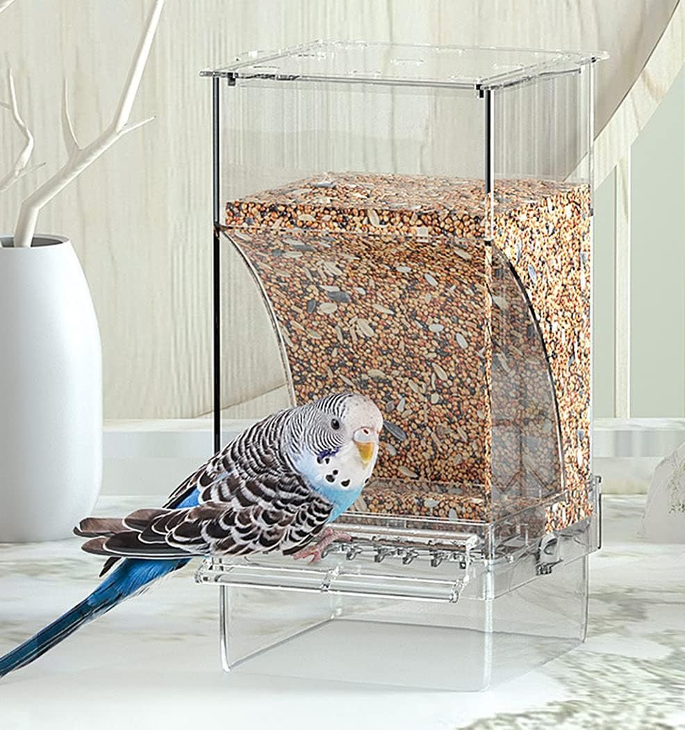 No Mess Bird Feeder Water Dispenser set, Automatic Parrot Feeder Cage Accessories, Clear Parakeet Seed container Food Feeder Drinker for Cage, Cockatiel Finch Lovebirds Budgies Canary (Blue)