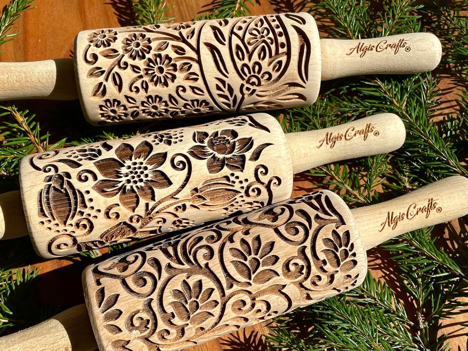 ANIMALS 3 Mini Embossed Rolling Pin Set. Wooden Laser Engraved Textured rolling pins for Cookies, Play Dogh, Clay with Dogs, Elephants, Horses by Algis Crafts