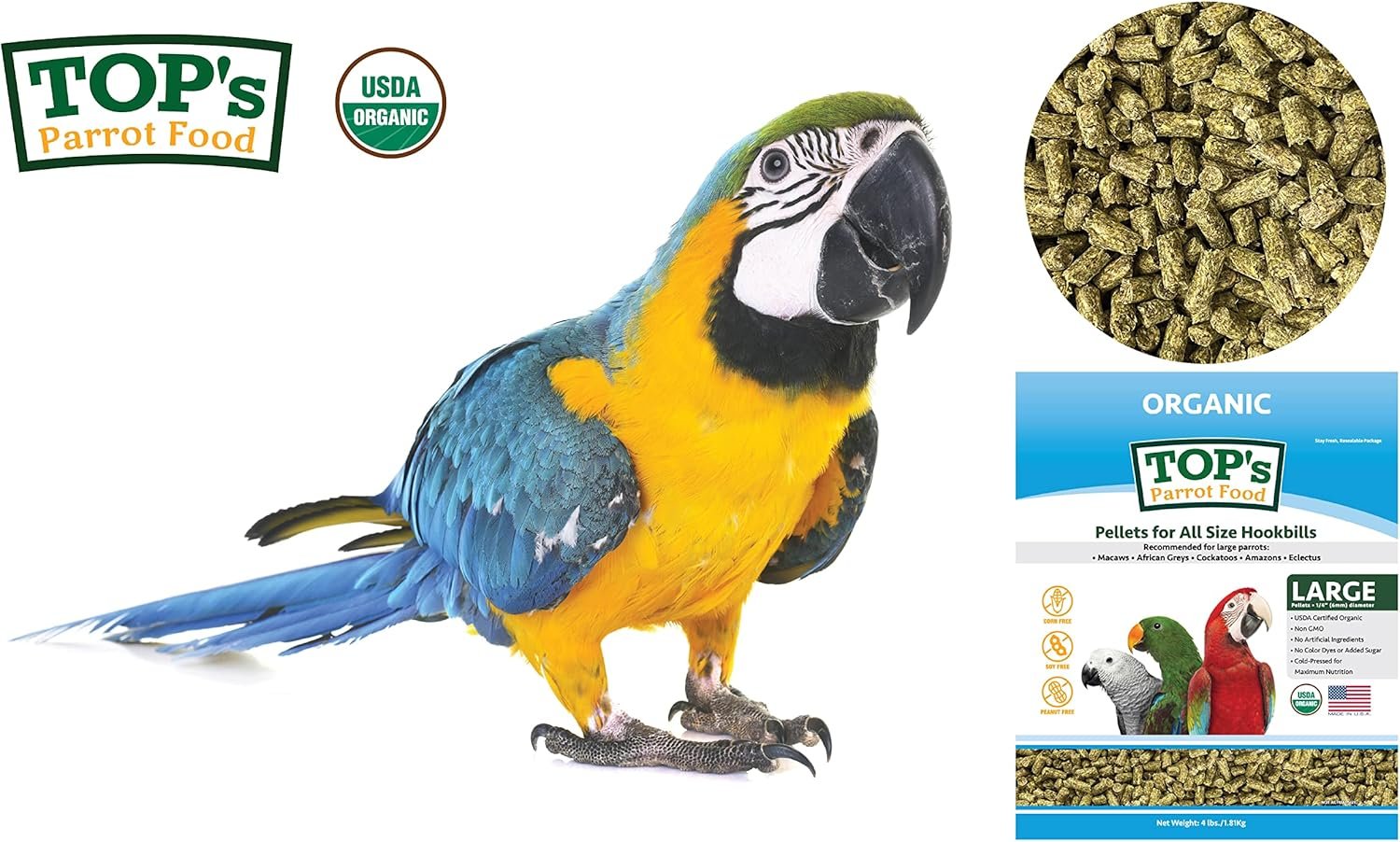 TOPs Parrot Food Pellets Hookbills, Small, Medium and Large Parrots - Non-GMO, Peanut Soy  Corn Free, USDA Organic Certified - 4 lb / 1.81 kg