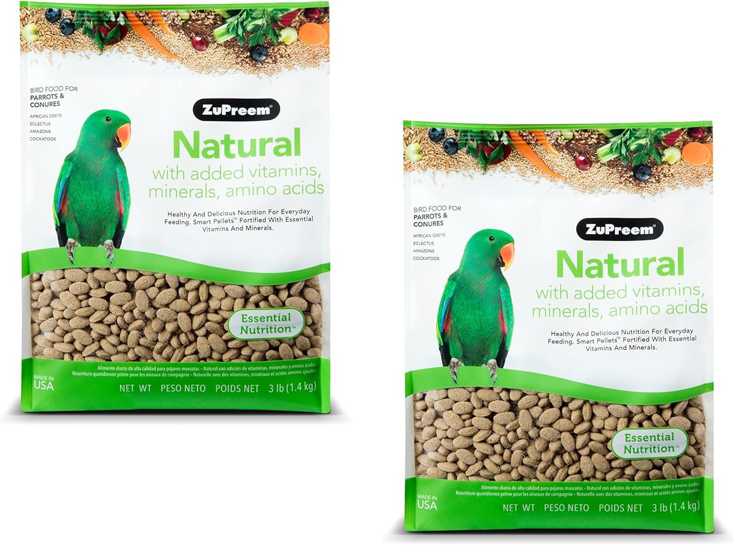 ZuPreem Natural Bird Food Pellets for Parrots  Conures, 3 lb (Pack of 2) - Daily Nutrition, Made in USA for Caiques, African Greys, Senegals, Amazons, Eclectus